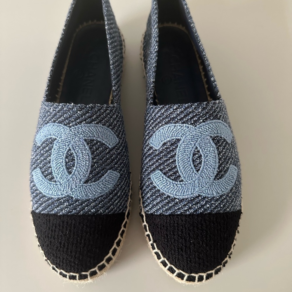 Chanel Tweed CC Espadrille Blue Ecru 37